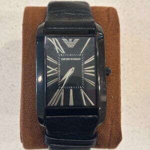 Emporio Armani Rectangular Dress Watch – Black Dial, Leather Strap, Stylish “Tan